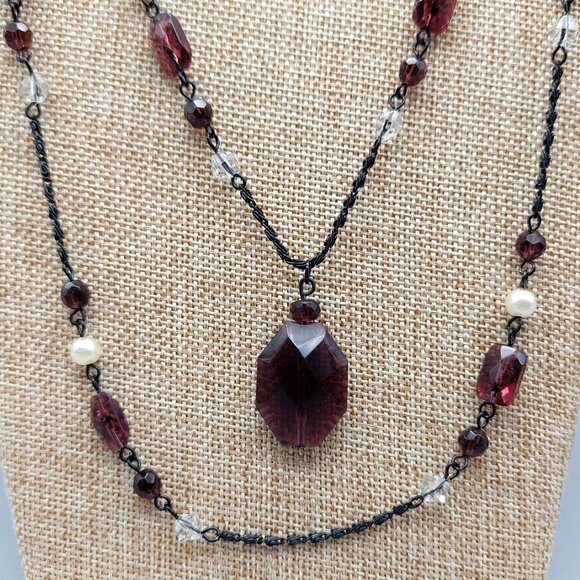 Black Gun Metal Purple Bead Pendant Double Strand Necklace & Earring Set 24" - Picture 4 of 10